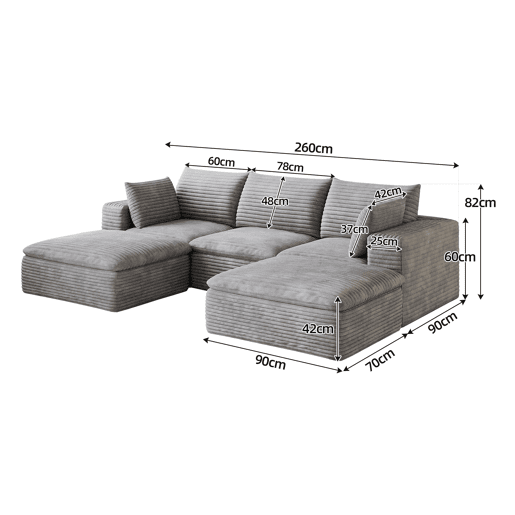 Sofá modular de 260 cm em veludo tipo Cloud u2014 design de dupla camada, almofadas removíveis, 3 lugares u2014 Cinzento Sofá modular de 260 cm em veludo tipo Cloud u2014 design de dupla camada, almofadas removíveis, 3 lugares u2014 Cinzento