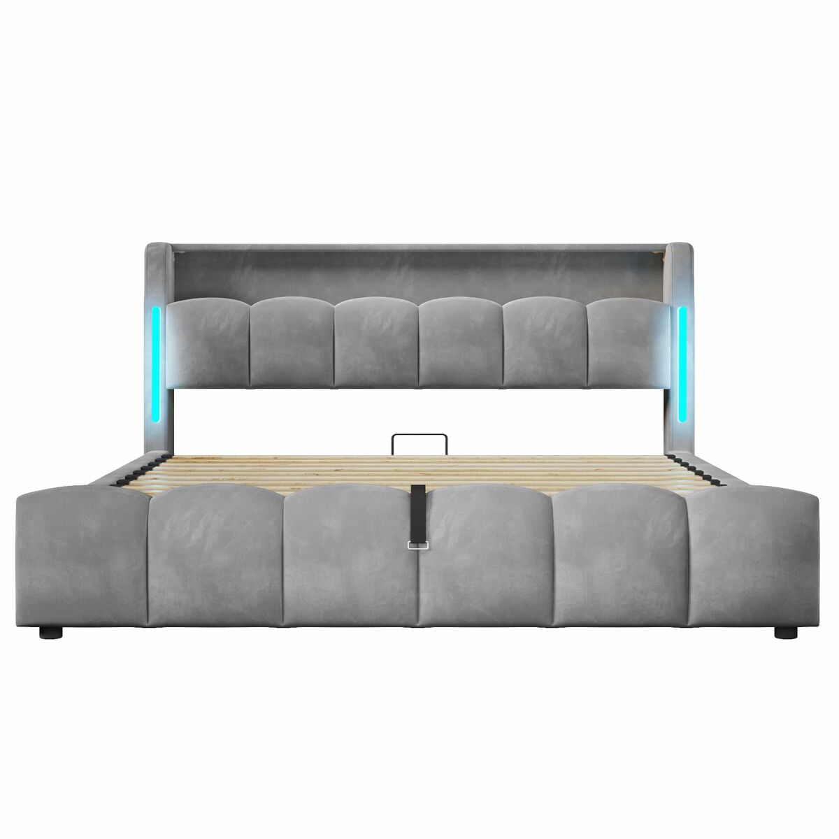 Cama tapizada 180 × 200 cm - led, cabecero con almacenaje, arcón hidráulico, usb y type-c, sin colchón - gris