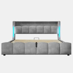 Cama estofada 180 × 200 cm - LED, cabeceira com espaço de arrumação, baú hidráulico, USB e Type-C, sem colchão - Cinzento