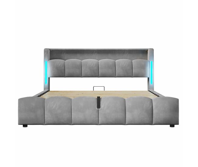 Cama tapizada 180 × 200 cm - led, cabecero con almacenaje, arcón hidráulico, usb y type-c, sin colchón - gris