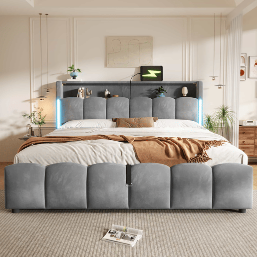 Cama estofada 180 × 200 cm - LED, cabeceira com espaço de arrumação, baú hidráulico, USB e Type-C, sem colchão - Cinzento Cama estofada 180 × 200 cm - LED, cabeceira com espaço de arrumação, baú hidráulico, USB e Type-C, sem colchão - Cinzento