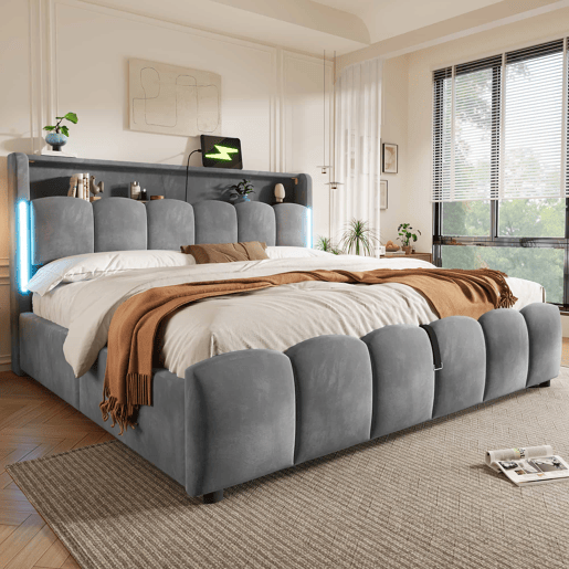 Cama estofada 180 × 200 cm - LED, cabeceira com espaço de arrumação, baú hidráulico, USB e Type-C, sem colchão - Cinzento Cama estofada 180 × 200 cm - LED, cabeceira com espaço de arrumação, baú hidráulico, USB e Type-C, sem colchão - Cinzento