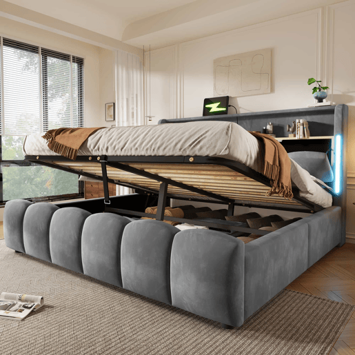 Cama estofada 180 × 200 cm - LED, cabeceira com espaço de arrumação, baú hidráulico, USB e Type-C, sem colchão - Cinzento Cama estofada 180 × 200 cm - LED, cabeceira com espaço de arrumação, baú hidráulico, USB e Type-C, sem colchão - Cinzento