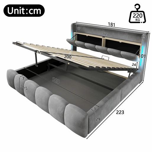 Cama estofada 180 × 200 cm - LED, cabeceira com espaço de arrumação, baú hidráulico, USB e Type-C, sem colchão - Cinzento Cama estofada 180 × 200 cm - LED, cabeceira com espaço de arrumação, baú hidráulico, USB e Type-C, sem colchão - Cinzento