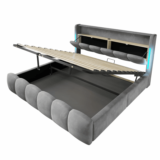 Cama estofada 180 × 200 cm - LED, cabeceira com espaço de arrumação, baú hidráulico, USB e Type-C, sem colchão - Cinzento Cama estofada 180 × 200 cm - LED, cabeceira com espaço de arrumação, baú hidráulico, USB e Type-C, sem colchão - Cinzento