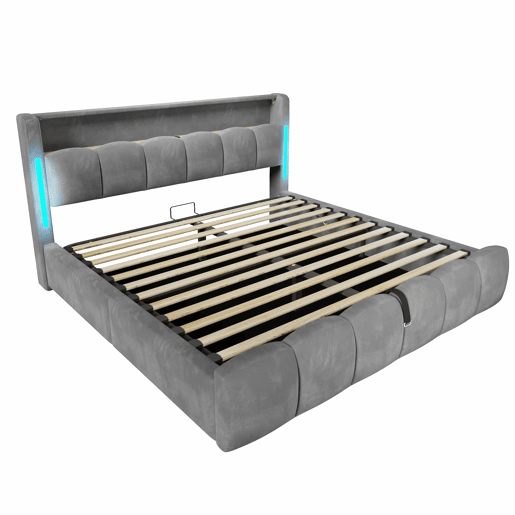 Cama estofada 180 × 200 cm - LED, cabeceira com espaço de arrumação, baú hidráulico, USB e Type-C, sem colchão - Cinzento Cama estofada 180 × 200 cm - LED, cabeceira com espaço de arrumação, baú hidráulico, USB e Type-C, sem colchão - Cinzento