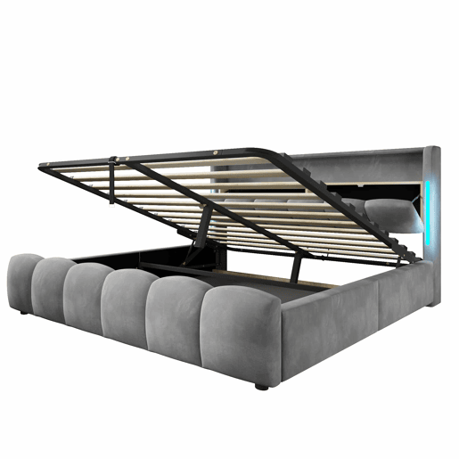 Cama estofada 180 × 200 cm - LED, cabeceira com espaço de arrumação, baú hidráulico, USB e Type-C, sem colchão - Cinzento Cama estofada 180 × 200 cm - LED, cabeceira com espaço de arrumação, baú hidráulico, USB e Type-C, sem colchão - Cinzento