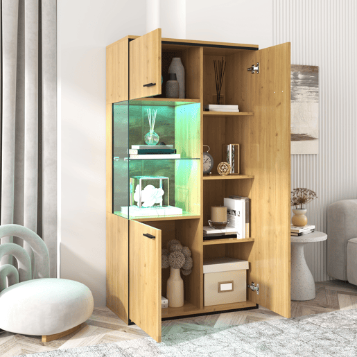 Vitrina Moderna com Iluminação LED 15 Cores e Porta de Vidro Armário Multiúsos para Sala 150x77.5x40cm