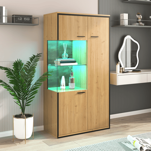 Vitrina Moderna com Iluminação LED 15 Cores e Porta de Vidro Armário Multiúsos para Sala 150x77.5x40cm