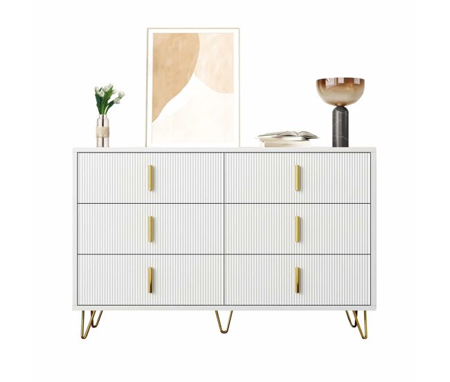 Aparador 120x40x77 cm - con 6 cajones - tiradores dorados - blanco