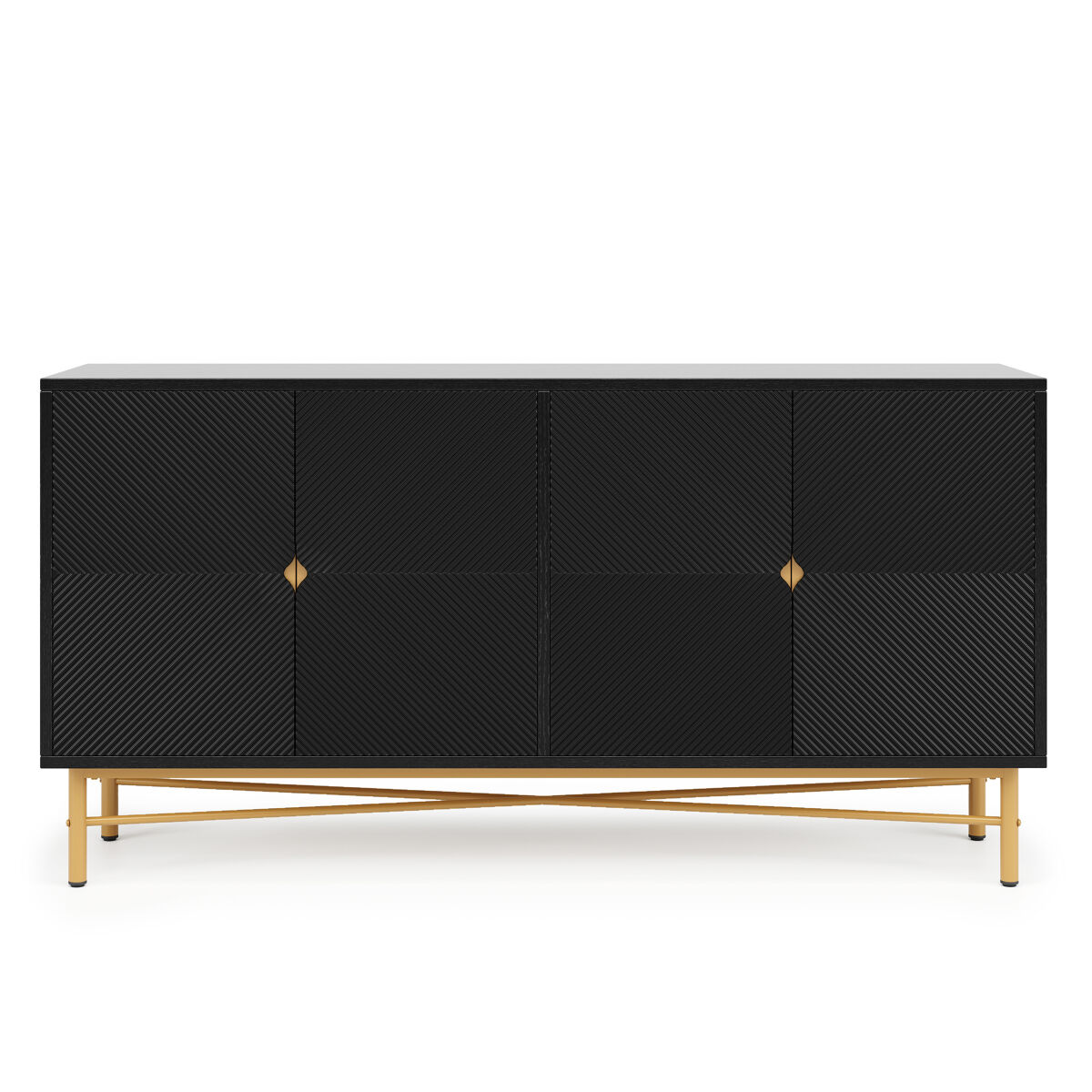 Aparador 160x40x82 cm - con textura en relieve, 4 puertas, tiradores dorados cepillados y patas de alto brillo - negro