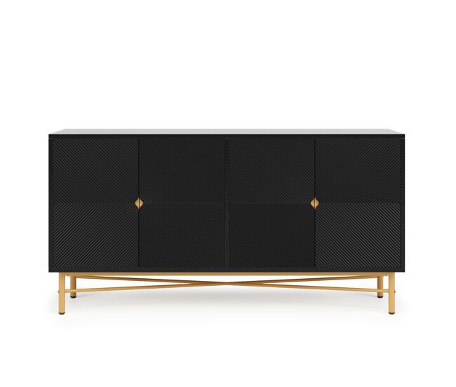 Aparador 160x40x82 cm - con textura en relieve, 4 puertas, tiradores dorados cepillados y patas de alto brillo - negro