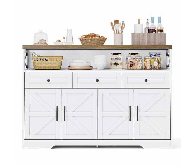 Buffet 140 cm - con almacenamiento, 3 cajones, puertas y estantes ajustables, estilo rústico - marrón/blanco