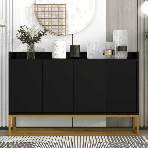 Aparador com 4 portas sem puxadores - estilo contemporâneo - madeira + metal - preto Aparador com 4 portas sem puxadores - estilo contemporâneo - madeira + metal - preto