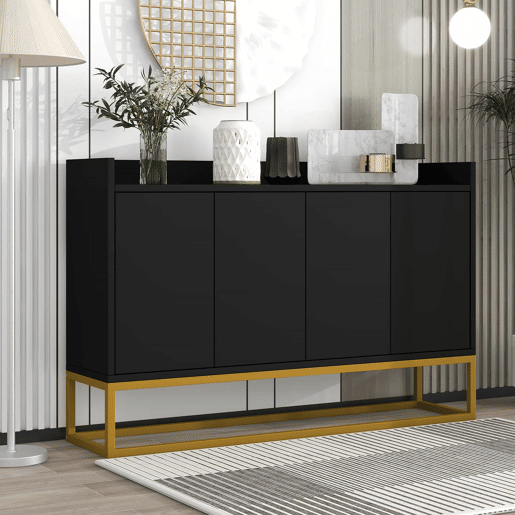 Aparador com 4 portas sem puxadores - estilo contemporâneo - madeira + metal - preto Aparador com 4 portas sem puxadores - estilo contemporâneo - madeira + metal - preto