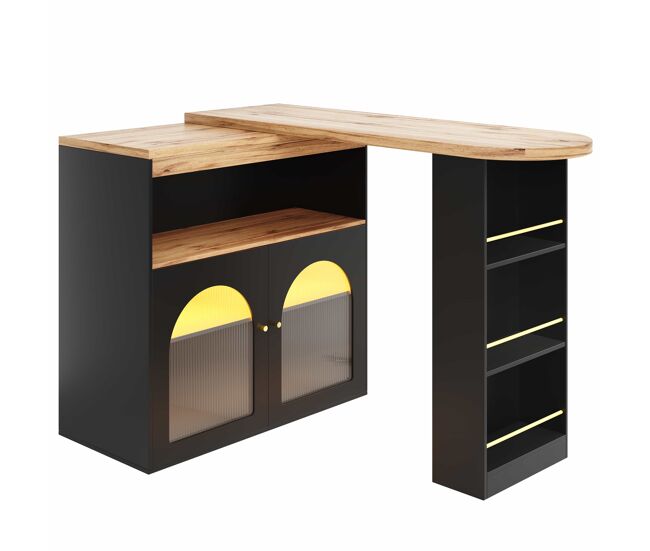 Aparador, mueble bar giratorio y retráctil con led - gran espacio de almacenamiento - estilo contemporáneo - negro