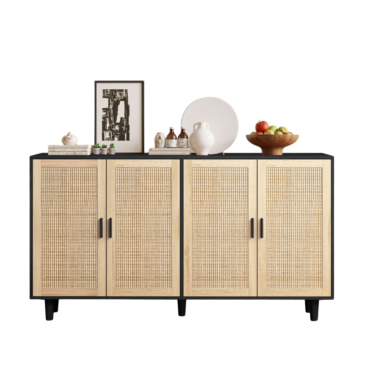 Armario de almacenamiento 158cm - 4 puertas, rattan decorativo, elegante y funcional - negro