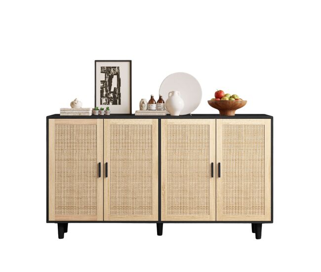 Armario de almacenamiento 158cm - 4 puertas, rattan decorativo, elegante y funcional - negro