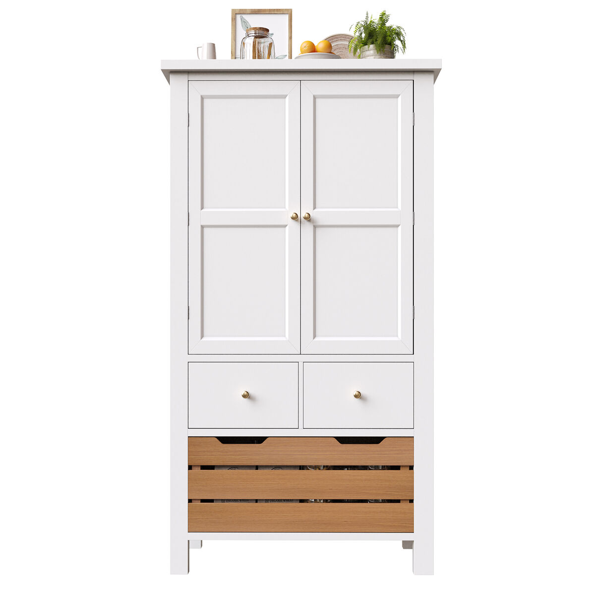 Aparador 80x40x140 cm - buffet alto, mueble multifuncional con 2 puertas y 5 cajones - blanco