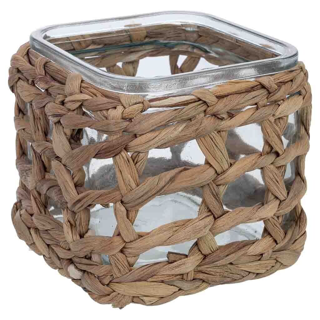 Portavelas de vidrio forrado de fibras naturales marrón 11.5x11.5x12h cm