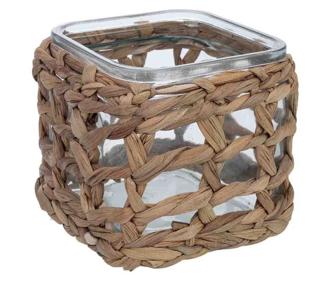 Portavelas de vidrio forrado de fibras naturales marrón 11.5x11.5x12h cm