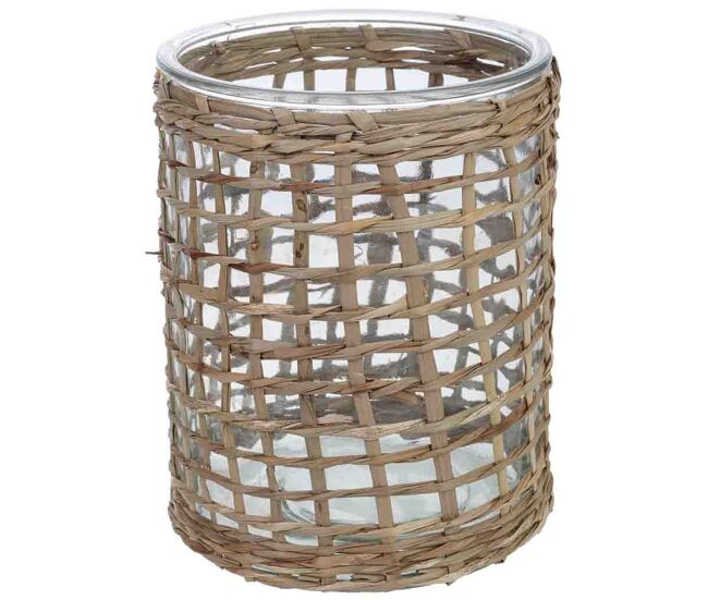 Portavelas de vidrio forrado de fibras naturales marrón d13x17h cm