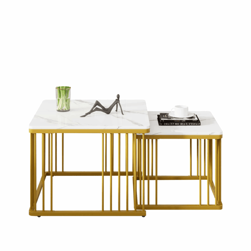 Conjunto de 2 mesas de centro de 60 × 60 × 45 cm e 45 × 45 × 40 cm u2013 encaixáveis, efeito mármore brilhante u2013 Branco + Dourado Conjunto de 2 mesas de centro de 60 × 60 × 45 cm e 45 × 45 × 40 cm u2013 encaixáveis, efeito mármore brilhante u2013 Branco + Dourado