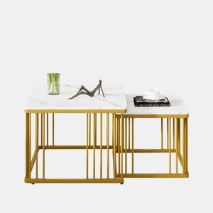 Conjunto de 2 mesas de centro de 60 × 60 × 45 cm e 45 × 45 × 40 cm u2013 encaixáveis, efeito mármore brilhante u2013 Branco + Dourado