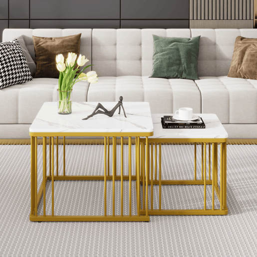Conjunto de 2 mesas de centro de 60 × 60 × 45 cm e 45 × 45 × 40 cm u2013 encaixáveis, efeito mármore brilhante u2013 Branco + Dourado Conjunto de 2 mesas de centro de 60 × 60 × 45 cm e 45 × 45 × 40 cm u2013 encaixáveis, efeito mármore brilhante u2013 Branco + Dourado