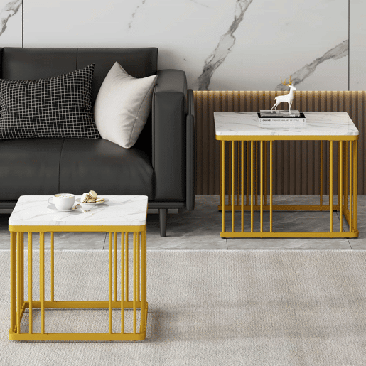 Conjunto de 2 mesas de centro de 60 × 60 × 45 cm e 45 × 45 × 40 cm u2013 encaixáveis, efeito mármore brilhante u2013 Branco + Dourado Conjunto de 2 mesas de centro de 60 × 60 × 45 cm e 45 × 45 × 40 cm u2013 encaixáveis, efeito mármore brilhante u2013 Branco + Dourado