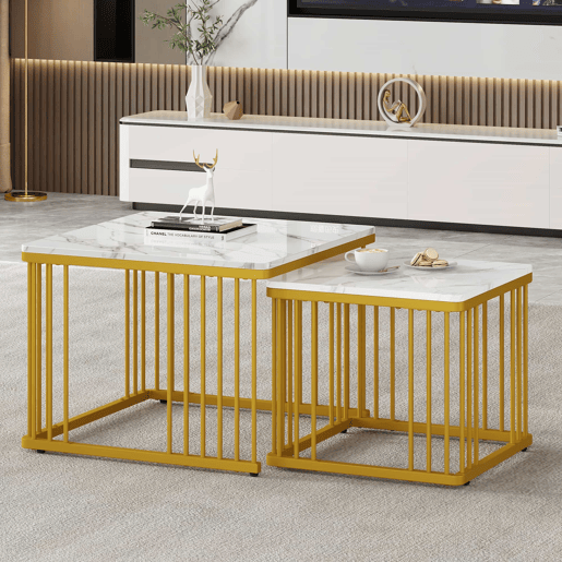 Conjunto de 2 mesas de centro de 60 × 60 × 45 cm e 45 × 45 × 40 cm u2013 encaixáveis, efeito mármore brilhante u2013 Branco + Dourado Conjunto de 2 mesas de centro de 60 × 60 × 45 cm e 45 × 45 × 40 cm u2013 encaixáveis, efeito mármore brilhante u2013 Branco + Dourado