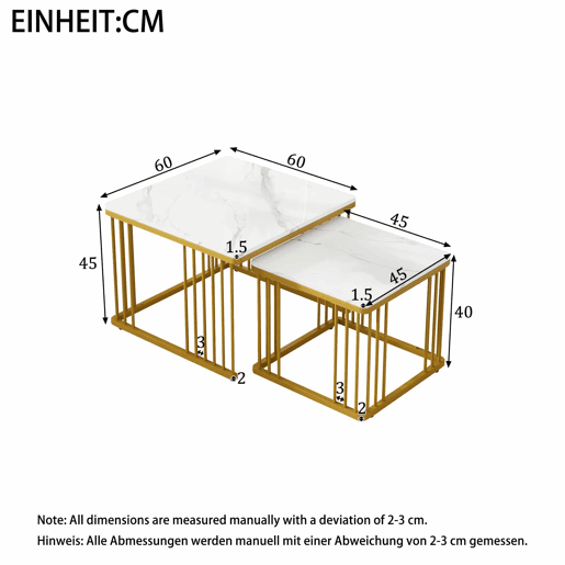 Conjunto de 2 mesas de centro de 60 × 60 × 45 cm e 45 × 45 × 40 cm u2013 encaixáveis, efeito mármore brilhante u2013 Branco + Dourado Conjunto de 2 mesas de centro de 60 × 60 × 45 cm e 45 × 45 × 40 cm u2013 encaixáveis, efeito mármore brilhante u2013 Branco + Dourado
