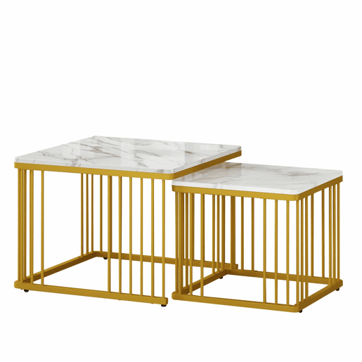 Conjunto de 2 mesas de centro de 60 × 60 × 45 cm e 45 × 45 × 40 cm u2013 encaixáveis, efeito mármore brilhante u2013 Branco + Dourado Conjunto de 2 mesas de centro de 60 × 60 × 45 cm e 45 × 45 × 40 cm u2013 encaixáveis, efeito mármore brilhante u2013 Branco + Dourado
