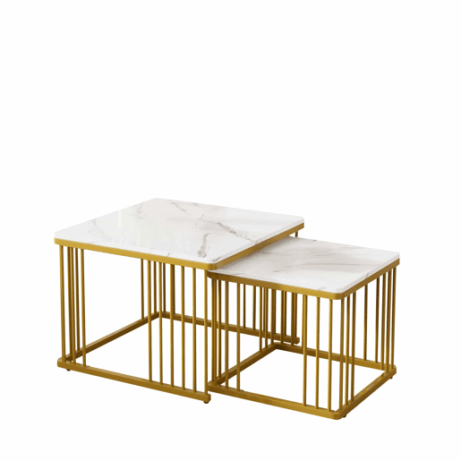 Conjunto de 2 mesas de centro de 60 × 60 × 45 cm e 45 × 45 × 40 cm u2013 encaixáveis, efeito mármore brilhante u2013 Branco + Dourado Conjunto de 2 mesas de centro de 60 × 60 × 45 cm e 45 × 45 × 40 cm u2013 encaixáveis, efeito mármore brilhante u2013 Branco + Dourado