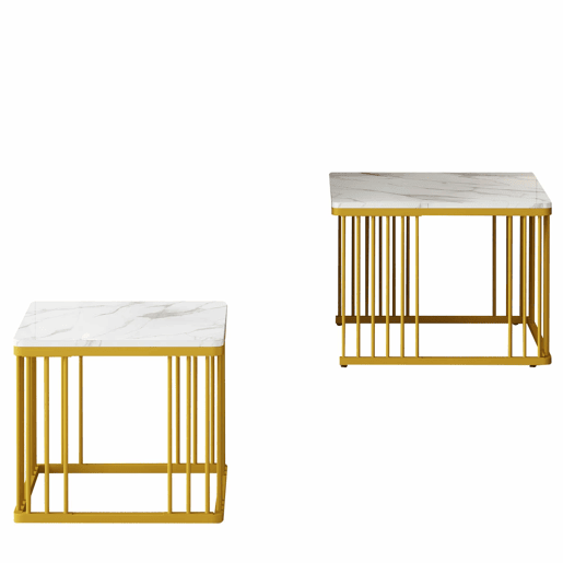 Conjunto de 2 mesas de centro de 60 × 60 × 45 cm e 45 × 45 × 40 cm u2013 encaixáveis, efeito mármore brilhante u2013 Branco + Dourado Conjunto de 2 mesas de centro de 60 × 60 × 45 cm e 45 × 45 × 40 cm u2013 encaixáveis, efeito mármore brilhante u2013 Branco + Dourado