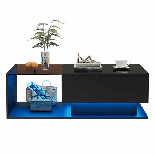 Mesa de centro 100 x 50 x 32 cm u2013 vidro, gaveta e LED u2013 Preto brilhante