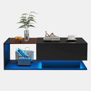 Mesa de centro 100 x 50 x 32 cm u2013 vidro, gaveta e LED u2013 Preto brilhante