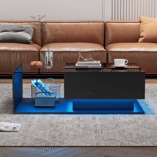 Mesa de centro 100 x 50 x 32 cm u2013 vidro, gaveta e LED u2013 Preto brilhante