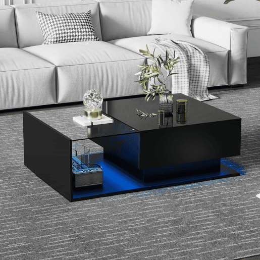 Mesa de centro 100 x 50 x 32 cm u2013 vidro, gaveta e LED u2013 Preto brilhante