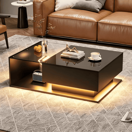 Mesa de centro 100 x 50 x 32 cm u2013 vidro, gaveta e LED u2013 Preto brilhante