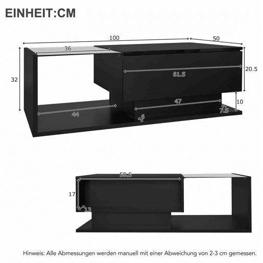 Mesa de centro 100 x 50 x 32 cm u2013 vidro, gaveta e LED u2013 Preto brilhante