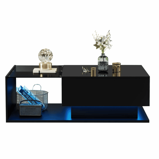 Mesa de centro 100 x 50 x 32 cm u2013 vidro, gaveta e LED u2013 Preto brilhante