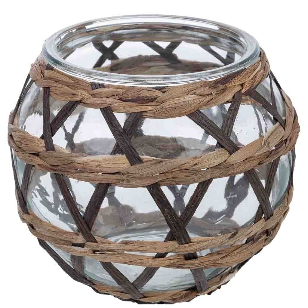 Portavelas de vidrio forrado de fibras naturales marrón d15.5x11.5h cm