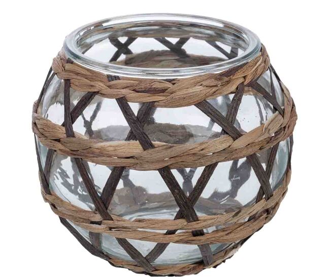 Portavelas de vidrio forrado de fibras naturales marrón d15.5x11.5h cm