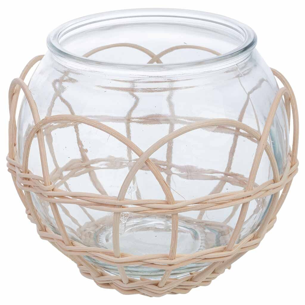 Portavelas de vidrio forrado de ratán beige d18x15.5h cm