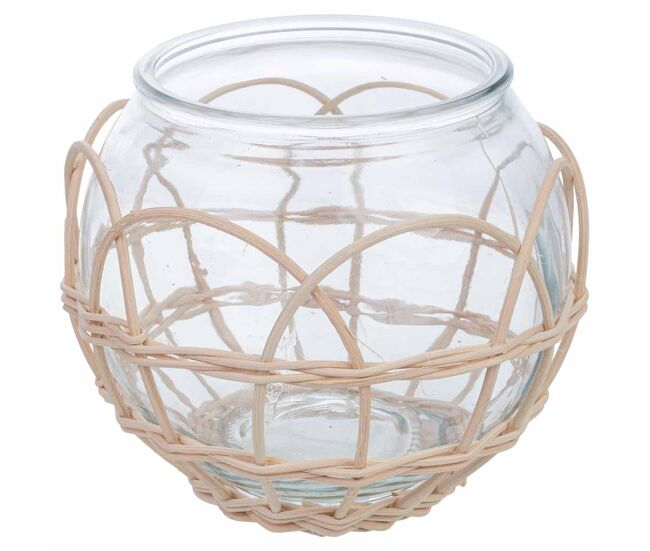 Portavelas de vidrio forrado de ratán beige d18x15.5h cm