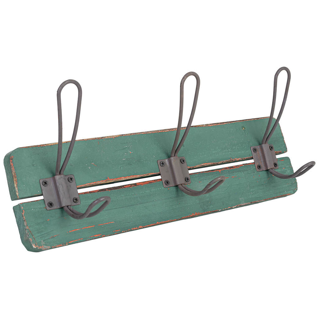Percha de pared de madera con 3 ganchos verde 38x6x13.5h cm