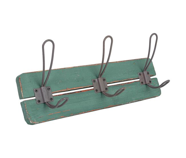 Percha de pared de madera con 3 ganchos verde 38x6x13.5h cm