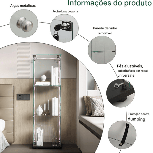 Vitrina LED cristal de três níveis, ideal para escritórios, salões e cozinhas u2013 123,3 x 35 x 39,8 cm Vitrina LED cristal de três níveis, ideal para escritórios, salões e cozinhas u2013 123,3 x 35 x 39,8 cm