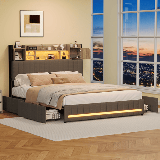 Cama de casal 160x200 cm, cinzenta (com porta USB), cama juvenil, 4 gavetas, LED, cama com arrumação Cama de casal 160x200 cm, cinzenta (com porta USB), cama juvenil, 4 gavetas, LED, cama com arrumação